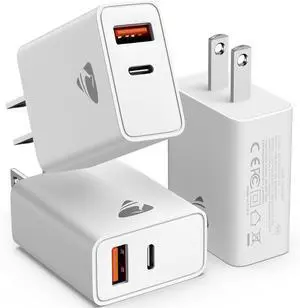 [3 Pack] USB C Charger Block Wall Charger USBC Block Dual Port 20W USB-C Power Adapter Plug PD+QC USB-A Cube Fast Charging Blocks for iPhone 17 Pro Max/16/15/14/13/12/11/XR/8/SE iPad  Galaxy