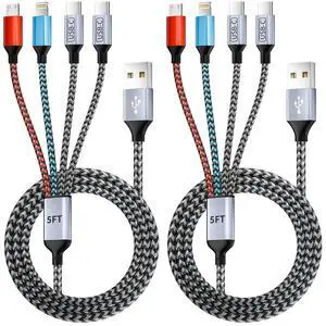 Dual Type-C Ports USB Multi Charging Cable Cord 4 in 1 Charging Cables for Multiple Devices Multi Charger Phone Charger Cord with iPhone 17/IP/Micro Port for iPhone 16-12/Android/iPad(5FT 2Pack)