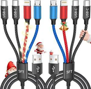 Dual Type-C 4 in 1 Multi Charging Cable for Multiple Devices with Lightning/Micro/2 USB-C USB Cable Multiple iPhone Charger Cord Travel Charger for iPhone17-8 Android iPad Christmas Gift - 2Pcs 5FT