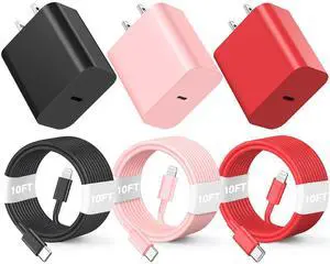 3Pack 10FT Long ightning Cable 20W Fast Charging Phonne ightning Cable Phone Charger Cord for Phone 14/13/12/12 Pro Max/11/Xs Max/XR/X  Pink/Red/Black