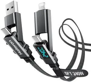 4 in 1 Charging Cable 5FT 240W USB C to USB C Cable Fast Charging Flat Braided iPhone Charger Cord Combo USB A/C to C/L with LED Display Type C Charging Cord for iPhone 16/15 MacBook iPad