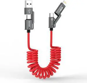 3ft 4-in-1 Coiled Multi USB C Charging Cable Secure-Slide No-Loss Adapters Slim Tips Fit Thick Cases Lightning End Reinforced PD 60W for iPhone Carplay  iPad Red