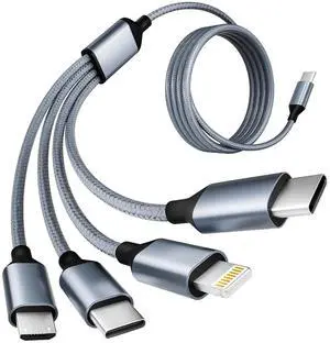 USB C Multi Charging Cable [1Pack 5FT] 4 in 1 Charging Cable Nylon Braided USB-C Multiple Charger Cord with Micro USB IP Port and 2 Type C Adapter Port for iPhone 17/16 Series/Cell Phones and More