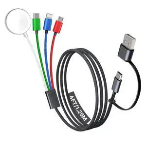 Travel Essentials 4 in 2 Multi Charging Cable for  Watch Charger/iPhone Charger USB C Cable Cord for iPhone 17-11/iWatch Ultra/10-2/Galaxy S25-S20 Android Phones MP3-MultiColor 4FT
