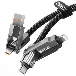 SHEZI Nylon Braided 4 in 1 USB C Cable 60W 5FT Compatible with Lightning Cable, Fast Charging for iPhone/iPad Charger Cord [480Mbps Data Sync],Multi Charging Cable with Type C/USB A, Grey