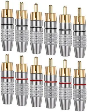 12 Pcs RCA Male Plug Connectors Solderless Gold Audio-Video Adapter Coaxial Cable Audio Adapter Gold Plug Male No Solder Connector for Home Theater Speaker Audio Video Receiver
