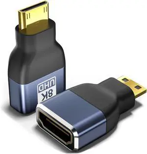 Mini HDMI to HDMI Adapter 2-Pack 8K@60Hz 4K@144Hz 2K@240Hz Gold-Plated Converter with 48Gbps HDMI 2.1 High-Speed Bidirectional Adapter for DSLR Camera Tablet Laptop HDTV Projector PS5 Xbox