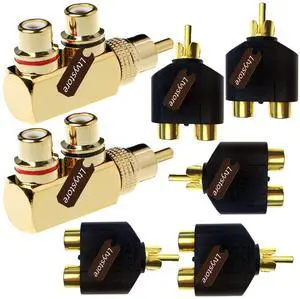 2Pcs RCA Male to 2 Female Right Angle Plug Splitter Adapter Connector & 5 Pcs Audio Video Gold Male to 2 Female Coupler Adapter