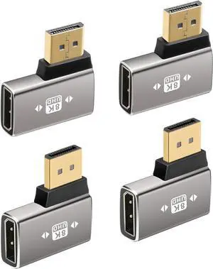 8K DisplayPort 1.4 Adapter Flat 90 Degree and 270 Degree Adapter 4 Pack Right Angle DP Male to Female Vertical Connector Converter DP L Shape Extender Support 8K@60Hz4K@144Hz4K@60Hz4K@30Hz