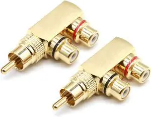 RCA Splitter Adapter Right Angle RCA Male to 2 Female AV Splitter Adapter Gold Plated Connector(2Pack)