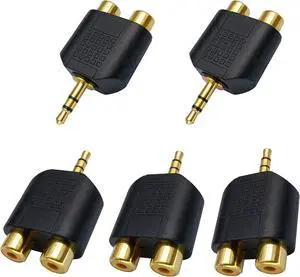 3.5mm to RCA Splitter Adapter Gold Plated 3 Poles 3.5mm (1/8 inch) Stereo Audio Male to 2 RCA Female AUX Audio Y Splitter Adapter Converter (5Pack)