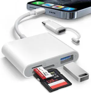 SD Card Reader for iPhone iPad Built-in Lightening & USB-C Dual Connectors Card Adapter with SD MicroSD USB-A 3 Slots Trail Camera Memory Card Viewer Portable No App Required Plug and Play