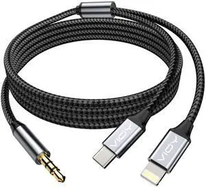 Aux to USB C and Lighting 3.3 FT 2 in 1 Type C/Lighting to 3.5 mm Stereo Jack Audio Cable for Car Compatible with iPhone 5-16 / Plus/Pro/Pro Max/SE/XS/XR Galaxy iPad/Pro/Air...