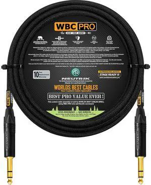 10 Foot - WBC-PRO-Quad Ultra-Silent Ultra-Flexible Balanced Star-Quad Cable with Neutrik NP3X-B ? Inch (6.35mm) Gold Straight TRS Stereo Phone Plugs & Black Tweed Jacket