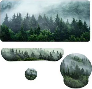Misty Forest Mouse Pad Set Green Pine Tree Landscape Gaming Mousepad 4in1 Desk Mat for Desktop Wrist Support Cup Coaster Set Ergonomic Computer Desk Arm Wrist for Decor Home Office