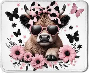 Highland Cow Mouse Pad Coquette Pink Bow Floral Cow Mouse Pads for Wireless Mouse Computers Laptop Desk Accessories 9.5x7.9 Inch