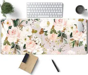 Pink Flowers Keyboard Pad PC Gaming Desk Mat Desk Mouse Pads Green Leaves Floral Mouse Pad Large Computer XL Big Mousepad Deskpad Mat with Stitched Edge for Women Home Office Decor 31.5x11.8 in