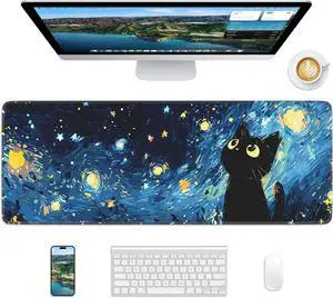 Starry Night Cat Mouse Pad 31.5 x 11.8 Large Desk Mat with Stitched Edges & Non-Slip Base Mousepad for Office Home Work