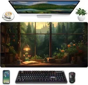 Anime Dark Green Plants Desk Mat Cute XXL Large Extended Mouse Pad Gaming Lofi Aesthetic Computer Laptop Keyboard and Mouse Mat Desk Accessories for Women Office Decor Mousepad 31.5x15.75 in