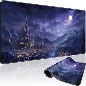 Fantasy Castle Night Scene Large Gaming Mouse Pad 31.5x15.7XXL Desk Mat Non-Slip Rubber Base & Stitched Edges - Extended Waterproof Mousepad for PC/Laptop/Office/Home Decor
