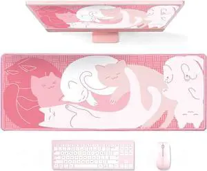 Gaming Mouse Pad XL Extended Anime Mouse Pad 31.5x11.8 inch Large Cute Kawaii Big Computer Mouse Mat Desk Pad with Non-Slip Rubber Base and Stitched Edge for Home Office-Pink Cat