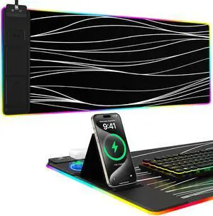 Mouse Pad with Phone Holder Wireless Charging Desk Mat RGB Gaming Mousepad Home Office Large Desk Pad with Ultra-Smooth Surface Non-Slip Base Waterproof Keyboard Pad Wavy Black