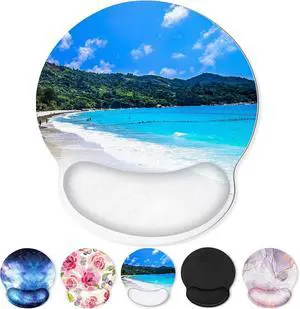 Mouse Pad with Gel Wrist Rest Beach Ergonomic Mousepad with Wrist Support Smooth Surface and Non-Slip PU Base Portable Pain Relief Mousepad for Computer Laptop Office & Home