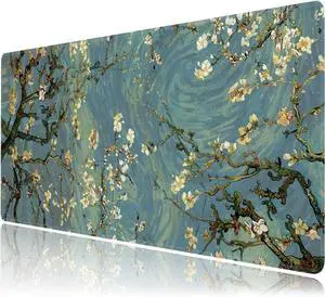 Almond Blossoms Large Mouse Pad Gaming Keyboard Desk Pad Extended Mouse Mat Non-Slip Rubber Base with Stitched Edges for Office Game Home XXL 35.4x15.7