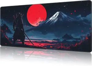Mouse Pad Large Samurai and Red Moon Non-Slip Game Desk Mat with Stitched Edge Laptop Keyboard Desk Pad for Work Home Gaming (35.4 x 15.7 Inches)