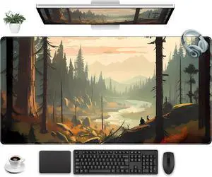 Desk Mat Gaming Desk Pad Valleys Forest Mouse Pad XXL Extended Large Mouse and Keyboard Mat Computer Desktop Mat with Non-Slip Base & Stitched Edges Aesthetic Nature Desk Decor 31.5 x 15.7