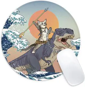 Cat and Dinosaur Round Mouse Pad Funny Small Mouse Pad with Non-Slip Rubber Base Mouse Mat Home Office Decor Desk Accessories 8.7inch Round Mouse Pad