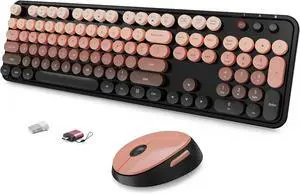 Wireless Keyboard and Mouse Combo Ergonomic Full Size Typewriter Retro Round Keycaps Keyboard Compatible with Windows PC Perfer for Home and Office Keyboards (Aurora Red)