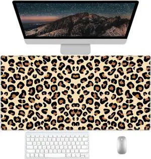 Brown Leopard Desk Pad Protector Stitched Edges Mouse Pad Large Office Mat Non-Slip Blotter Laptop Pad Writing Pad for Office and Home (31.5 x 15.7)