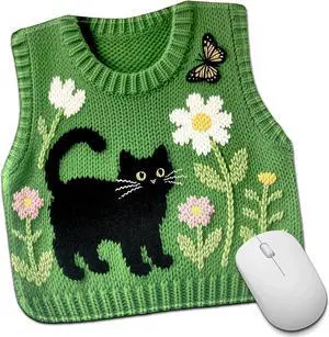 Funny Mouse Pad Cute Knitted Sweater-Shaped Vest Print Unique Novelty Mousepad Cat Butterfly Flower Pattern Green