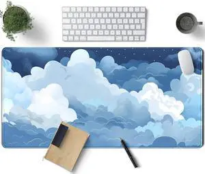 Aesthetic Blue and White Puffy Clouds Desk Mat XXL Large Kawaii Blue Extended Gaming Mouse Pad with Stitched Edges Cute Big Laptop Keyboard and Mouse Mat for Women Office Decor Mat 31.5x15.7 in
