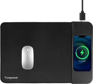 15W Wireless Charging Mouse Pad 2 in 1 Desk Pad with Non-Slip Rubber Base Fast Qi Wireless Charger for iPhone/Computers/Home Charging Devices 12.8 * 8.5in Mouse Pad - Black