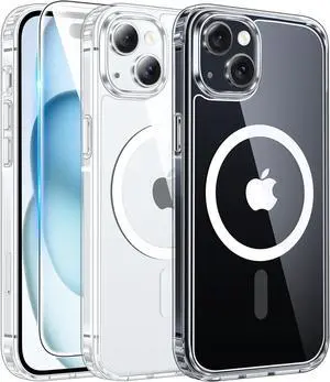 for iPhone 15 Case Clear: iPhone 14/13 Case Magnetic Phone Cases with Screen Protector Compatible with Magsafe Slim Anti Yellowing Rugged Protective Transparent Cell Cover (A-Clear)