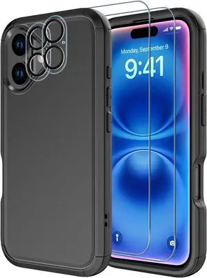 for iPhone 16 Case [Shockproof] [Dropproof] [Tempered Glass Screen Protector + Camera Protectors] Heavy Duty Protection Phone Case Cover for  iPhone 16 (Black)