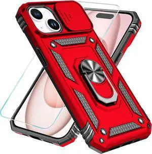 Compatible with iPhone 15 Case with HD Screen Protector & Slide Camera Cover & Rotated Ring Kickstand [Military-Grade] Phone Case for iPhone 15 Red