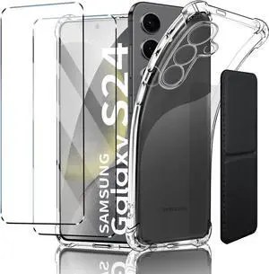 for  Galaxy S24 Case Shockproof TPU Clear Cover with 2 Pack Tempered Glass Screen Protectors & Leather Kickstand (3M Adhesive Mount) for Stand/Horizontal Viewing Clear