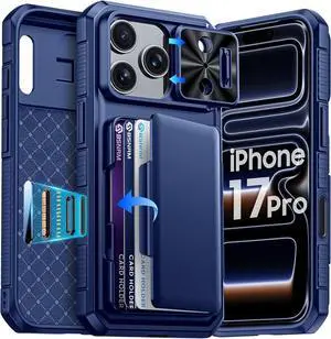 for iPhone 17 Pro Case Wallet Built-in Card Holder (4-5 Cards) RFID Blocking Camera Control Button Slide Camera Cover Shockproof Rugged Phone Case for iPhone 17 Pro Sapphire Blue