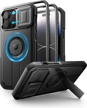 for iPhone 14 Pro Max Case with Slide Camera Cover & Adjustable Kickstand & Built-in Screen Protector Magnetic Rugged Shockproof Bumper Cases Heavy-Duty Magnetic Protective Cover Black