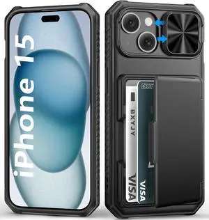 for iPhone 15 iPhone 14 iPhone 13 Wallet Case with Card Holder(4-5 Cards) Slide Camera Cover Military Drop & RFID Protection Heavy Duty Women Men Phone Case for iPhone 15/14/13 Black