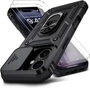 for iPhone 16 Case with 2X HD Screen Protector & Slide Camera Cover & Rotated Ring Kickstand [Military-Grade] Rugged Heavy Duty Protective Phone Case for iPhone 16 6.1 inch Black
