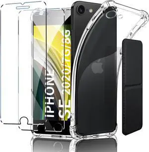 for iPhone 8G/7G/SE Case Shockproof TPU Clear Cover with 2 Pack Tempered Glass Screen Protectors & Leather Kickstand (3M Adhesive Mount) for Stand/Horizontal Viewing Clear
