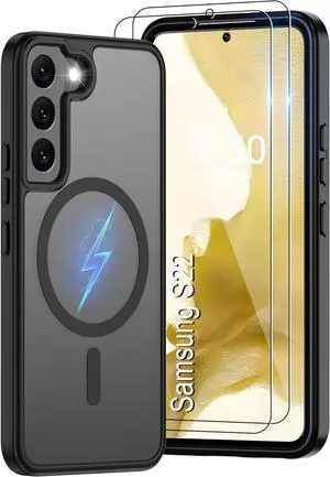 for  Galaxy S22 Case [Compatible with Magsafe] Translucent Matte Magnetic Phone Case Slim Thin Duty Shockproof Protection Cover with 2pc HD Screen Protector-Black