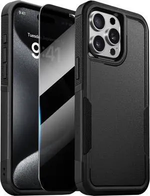 Designed for iPhone 15 Pro Max Case [with Privacy Screen Protector] [Anti Spy] [Military Grade Drop Protection] Heavy Duty Full-Body Shockproof Phone Case Black