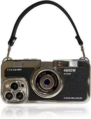 3D Vintage Camera Phone Case with Hand Strap - Unique Cool Silicone PC Shockproof Crossbody Protective Case for iPhone 12 Pro Max-Black