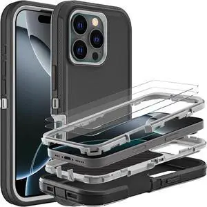 for iPhone 16 Pro Case Military Grade 3 in 1 Heavy Duty Shockproof/Drop Proof/Dust Proof Case with 2Pcs Tempered Glass Screen Protector (Black/Grey)