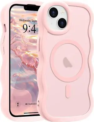 for iPhone 14 Plus/iPhone 15 Plus Case Curly Wave Frame Hard Translucent Clear Cover for Women Men Compatible with Magsafe TPU Bumper Shockproof Phone Case for iPhone 14 Plus/15 Plus Pink